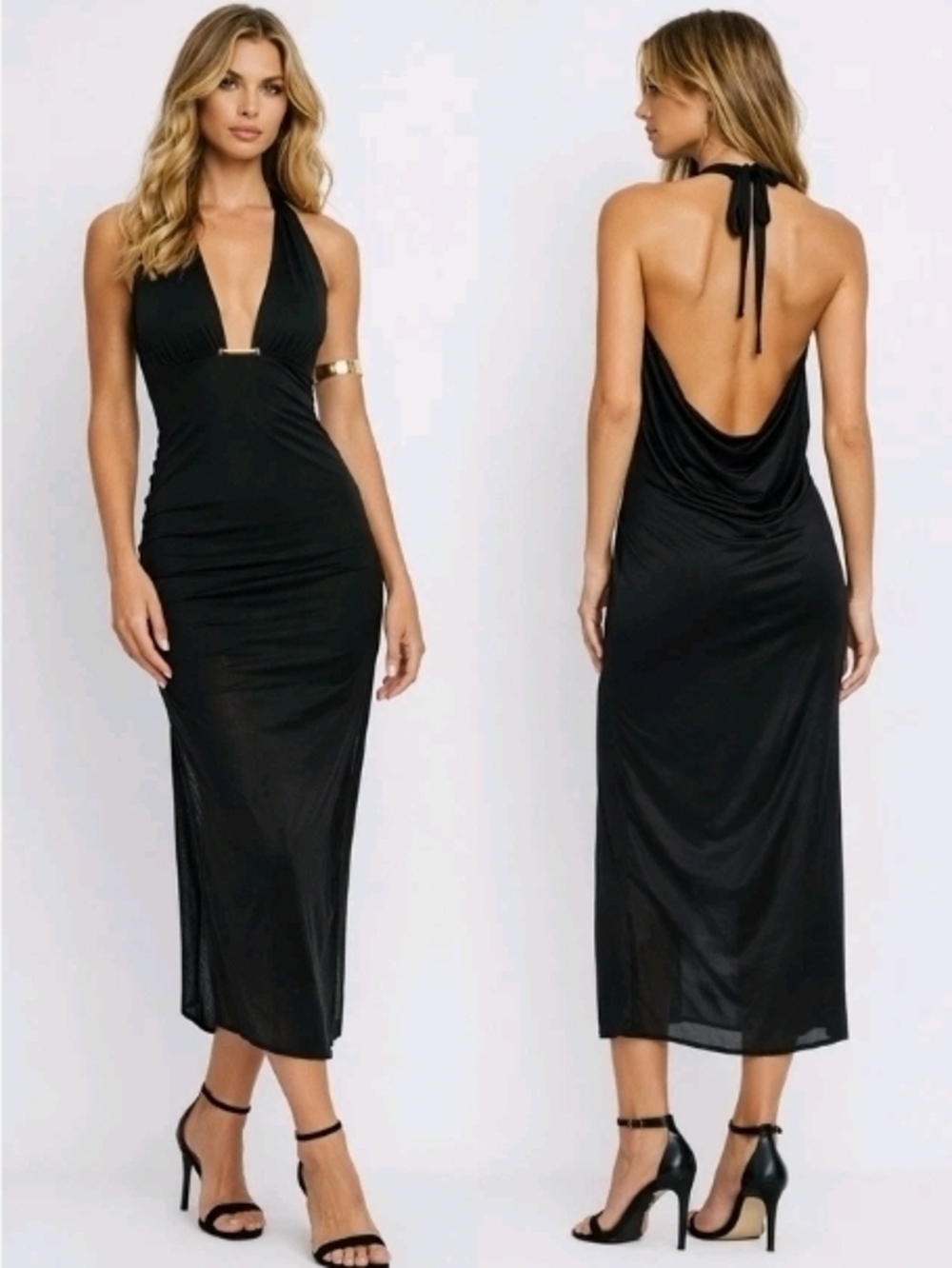 Caroline Constas Black Halter Deep V Midi Cover Up Dress Gold Bar Backless M